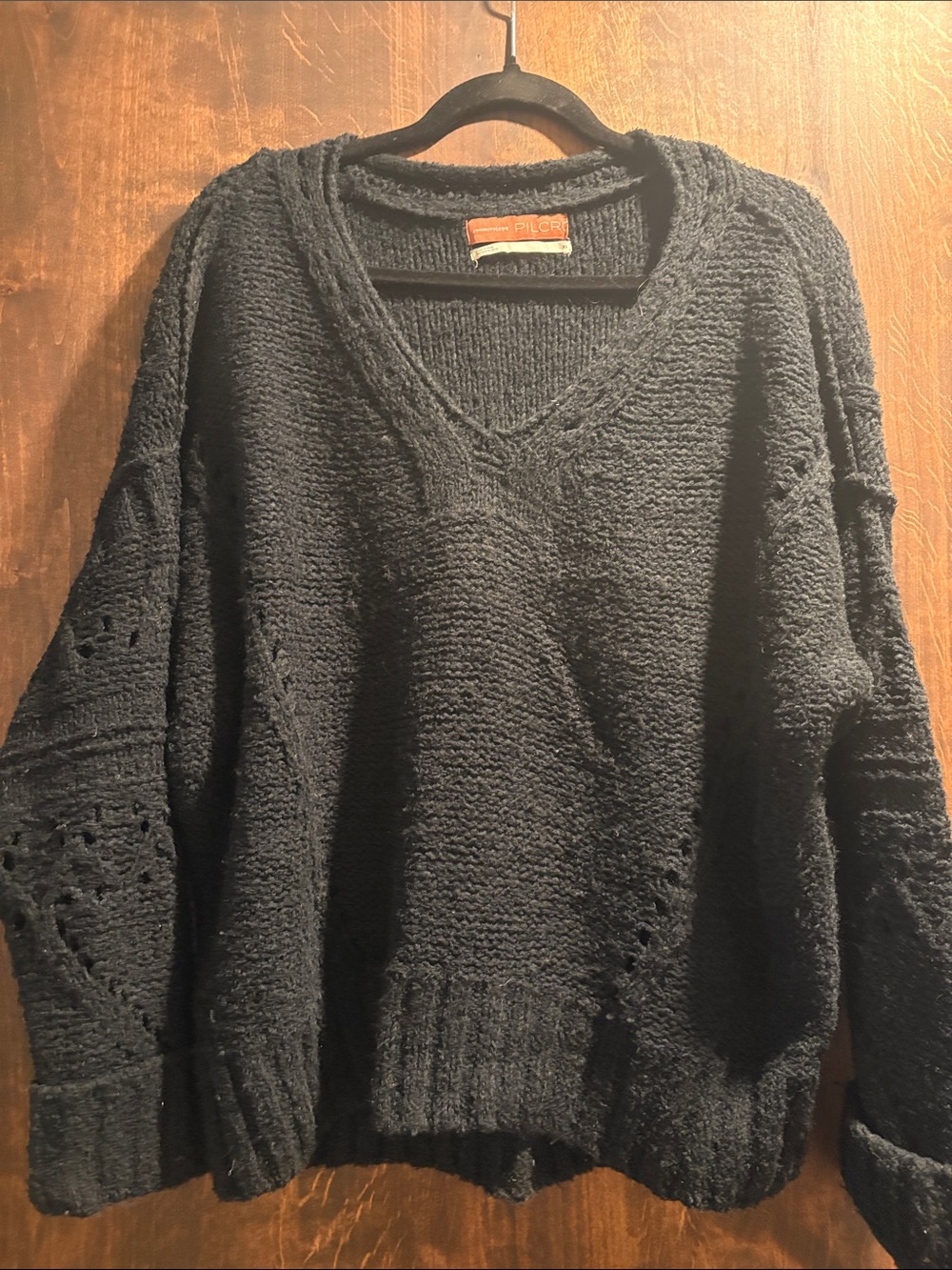 Pilcro womens Black V-Neck Textured Knit Sweater fits more like a med
